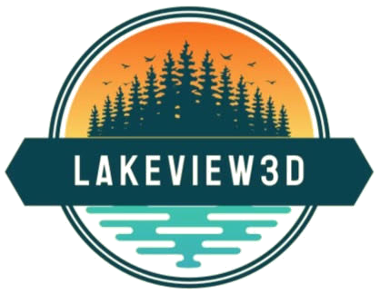 Lakeview3D logo: pine trees against an orange sunset over teal water